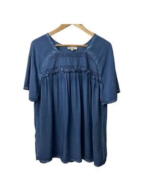 Temperance Boho T-Shirt Top Womens L Blue Crochet Blouse Tassel Lace Fringe EUC